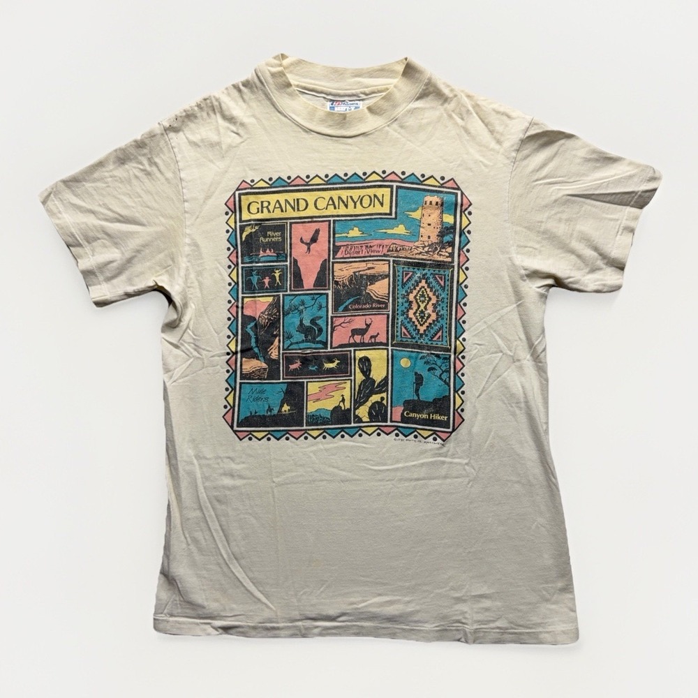 Vintage Grand Canyon T Shirt Cream M Single Stitch USA 1990 Santa Fe Sportswear